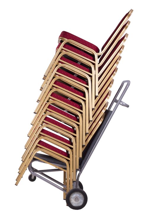 stacked restaurant chairs on storage cart